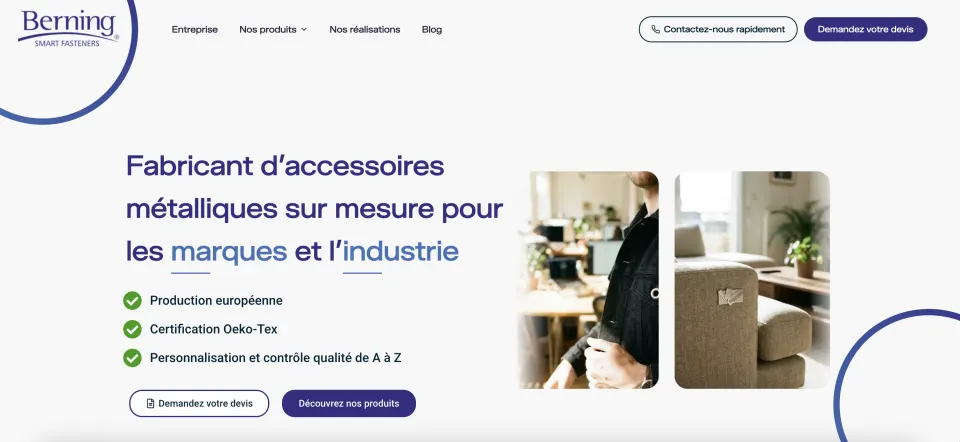 Aperçu du site Berning France : offre d’accessoires métalliques et entrée vers les prestations