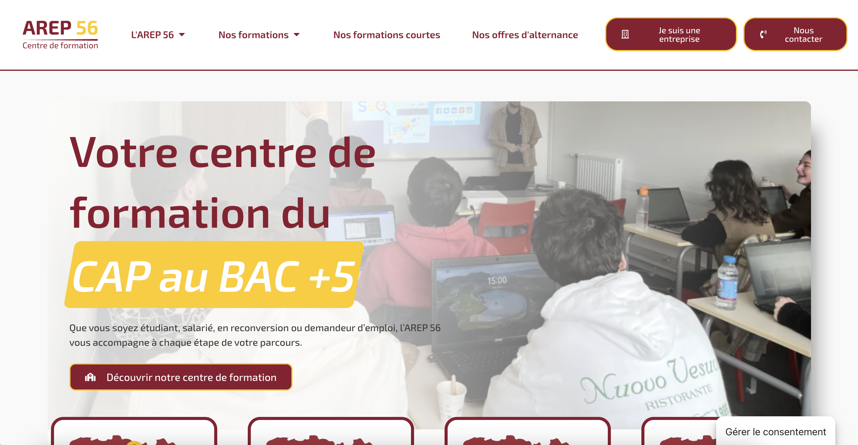 Vue complète du site AREP 56 réalisé avec WordPress et Elementor